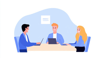 Obraz premium Three people in a meeting with laptops around a table in a modern office setting.