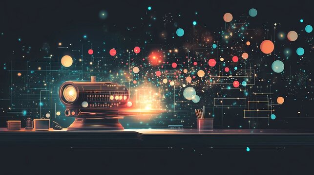 Flat illustration of Morse Code Day, featuring a vintage telegraph machine with glowing dots and dashes floating in the air, surrounded by abstract communication symbols