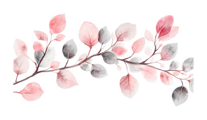 Fototapeta premium Watercolor pink and gray leaves on branch, cut out