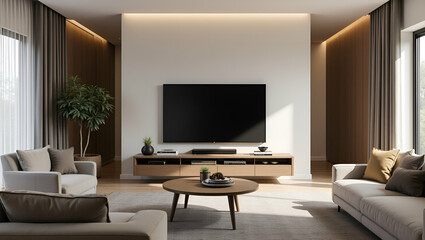 Flat Modern living room featuring TV and stylish furniture illustrating comfortable home entertainment space. concept as Modern living room with TV and stylish furniture showcasing comfortable home en