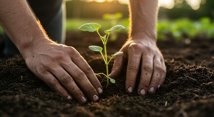 Fototapeta premium Hands Planting Small Seedling in Soil at Sunset Garden