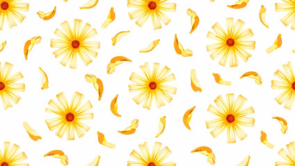 Flat Watercolor calendula petals seamless tile pattern artistic isolated white background ideal for crafting invitations greeting cards concept as Artistic watercolor calendula petals seamless pattern