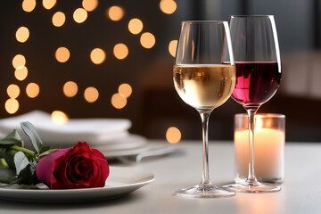 a romantic dinner setting with red wine, candles, and roses on the table.