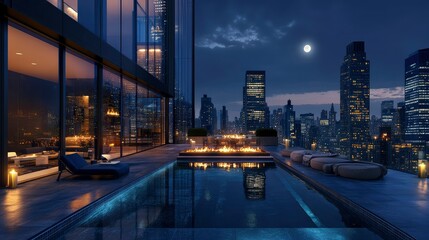 Fototapeta premium Luxurious Rooftop Infinity Pool with City Night View and Fire Pit