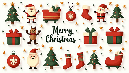 Fototapeta premium Flat Stamp Collection Featuring Merry Christmas Objects: A Festive Vector Illustration of Holiday Collectibles and Cheerful Themes for Your Seasonal Celebrations