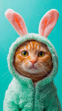 Lustige Katze im Hasenkost&uuml;m &ndash; Niedliches Osterportrait mit Pl&uuml;schohren und pastellfarbenem Hintergrund