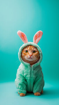 Lustige Katze im Hasenkost&uuml;m &ndash; Niedliches Osterportrait mit Pl&uuml;schohren und pastellfarbenem Hintergrund