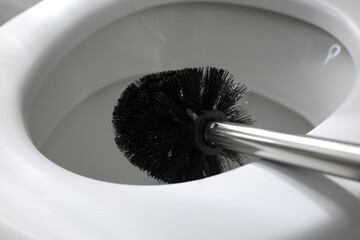 Cleaning toilet bowl with black brush, closeup