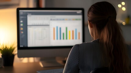 Female data analyst analyzing data using charts on computer screen. Freelancer working from home reviewing financial data on computer screens. Report tables and charts. Back view.