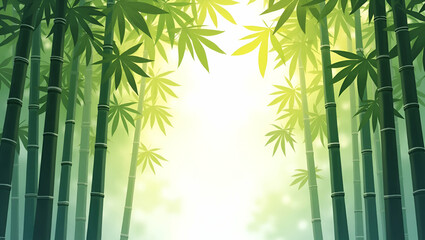Serene Watercolor Illustration of a Bamboo Forest with Dappled Sunlight: Lush Green Surroundings in a Wide Angle View - Simple Flat Cute Vector Design for Business Use