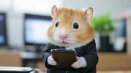 Anthropomorphic hamster in a business suit using a smartphone in modern office environment