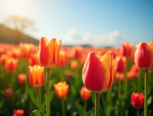 Vibrant tulip field blooming under clear blue sky
