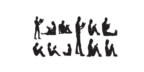 Print   set of silhouette of people reading books standing, sitting and lying vector illustration  isolated on white background