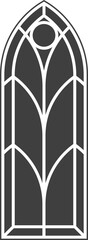 Gothic window with pattern. Church glass arch. Vintage medieval cathedral architecture frame. Catholic stained interior decoration. Silhouette of old door shape.
