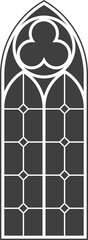 Gothic window with pattern. Church glass arch. Vintage medieval cathedral architecture frame. Catholic stained interior decoration. Silhouette of old door shape.