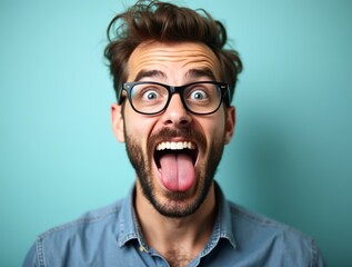 Man with eyeglasses sticking out tongue and making a goofy expression on turquoise background
