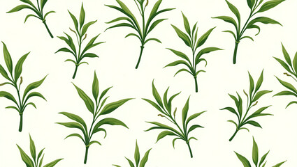 Naklejka premium Tropical Bamboo Leaves Seamless Tile Pattern: Lush Green Stems & Vibrant Clusters for Sunny Lounges