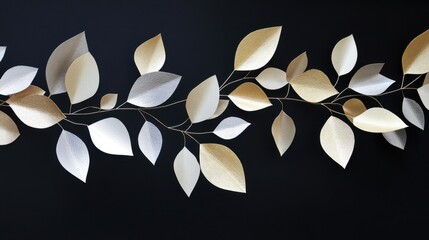A geometric arrangement of paper tree leaves in metallic gold and silver over a black background