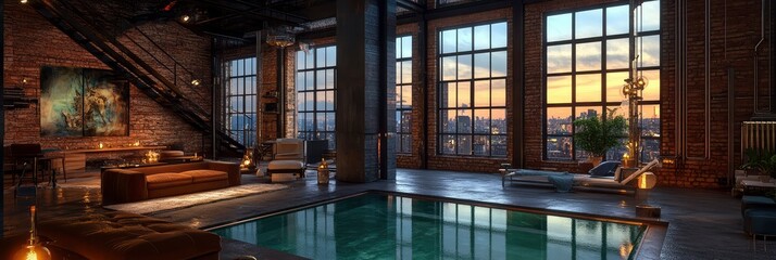 Fototapeta premium Luxurious Loft Apartment with Indoor Pool and City View at Sunset