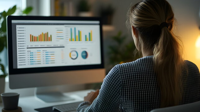 Female data analyst analyzing data using charts on computer screen. Freelancer working from home reviewing financial data on computer screens. Report tables and charts. Back view.