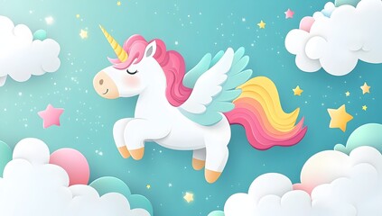 Obraz premium Enchanting Pegasus Unicorn: A whimsical illustration of a beautiful unicorn with a majestic horn and a pastel-colored mane and tail, floating amidst fluffy clouds and twinkling stars.