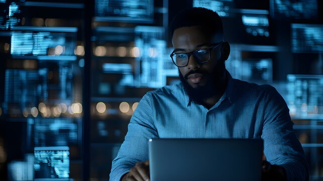 Man with glasses, black African American IT specialist writing code on laptop, blue holographic figures flying around, abstract. Virtual technology software development concept with IT specialist.