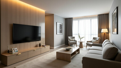 Stylish Flat Living Room Design: Cozy Layout with TV and Furniture Ideas for Modern Interiors - Cute Vector Illustrations for Smart Business Concepts