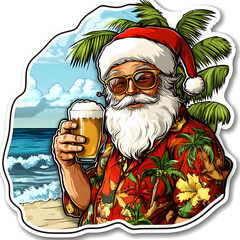 Jolly santa relaxing in hawaiian shirt, sunglasses, sipping cold beer on sandy tropical beach during christmas vacation