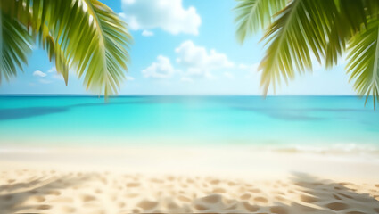 Tropical Beach Scene with Blurred Palm Trees and Bokeh Effects: Perfect Summer Vacation Photo Stock Concept with Customizable Copy Space on the Left for Your Travel Memories
