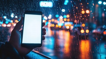 Closeup of hand holding smartphone with white mockup on screen,black mobile phone in hands with blank desktop screen while car driving,Mockup image,Copyspace for text.