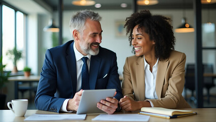 Fototapeta premium Diverse Business Team Collaboration: Older Male Executive and Young Female Colleague Discuss Projects Using Digital Tablets in Modern Office Setting - Stock Photo Concept with Empty Space