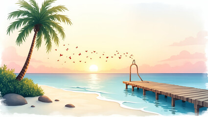 Obraz premium Charming Watercolor Beach Wedding Illustration: Romantic Sunset, Palm Trees & Wooden Dock Scene