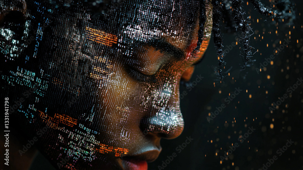 Poster abstract digital portrait of a person with code on face art data dark light image style future binar