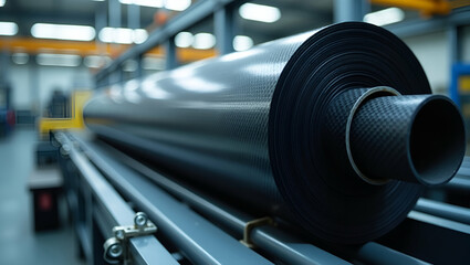 Naklejka premium Close-Up of High-Quality Carbon Fiber Roll in a Modern Manufacturing Facility: Showcasing Advanced Industrial Technology with Empty Space for Customization in Photo Stock