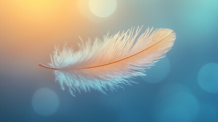 Naklejka premium Light feather floats gracefully in the air, warmly illuminated by soft ambient colors