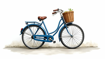 Fototapeta premium Vintage Charm: Watercolor Illustration of a Blue Bicycle with Wicker Basket on White Background