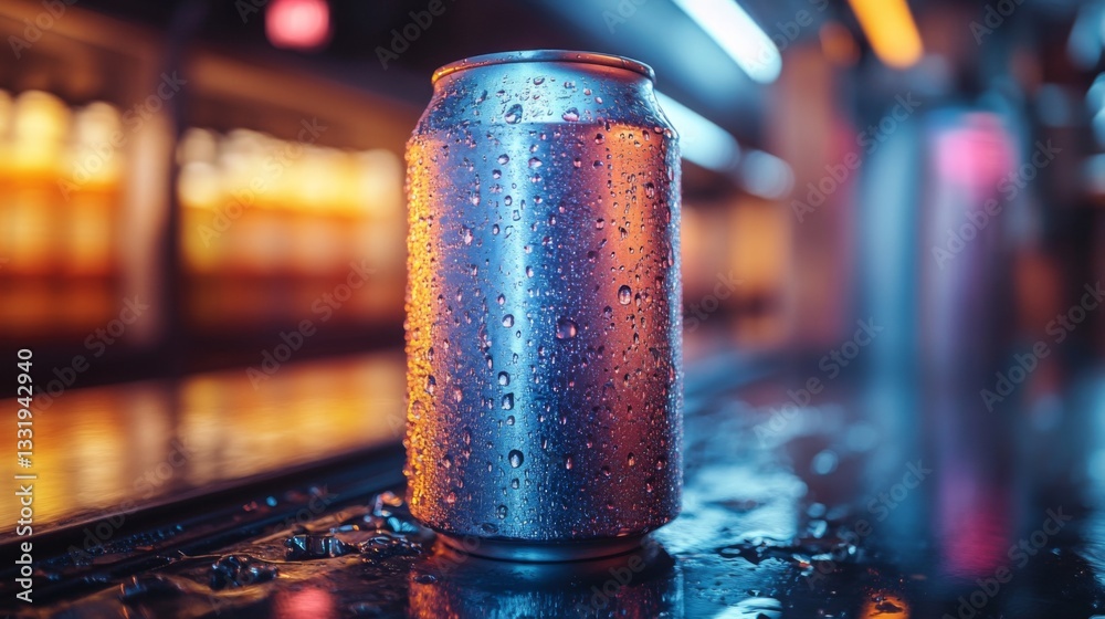 Poster a metal beverage can sits on a wet bar surface, showcasing condensation droplets. colorful lights fr