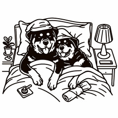 Rottweiler Dog Couple spending the day in bed snuggled close a minimalist vector drawing