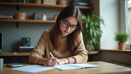 Creative Workspace: Young Hipster Woman Writing in Modern Office
