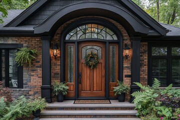 Elegant wooden double doors with ornate glass inserts surrounded by greenery, stylish entrance in upscale architectural design, copy space