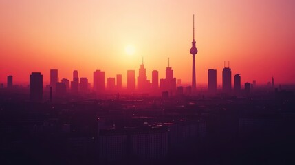 Fototapeta premium Sunset over a city skyline with silhouettes of skyscrapers and a tower, creating a serene atmosphere