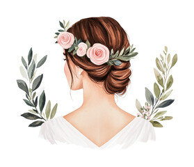 Naklejka premium Vintage floral hairpiece on caucasian female with elegant updo, cut out
