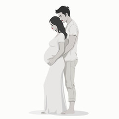 Pregnant Woman Embraced by Partner. Black and White Illustration