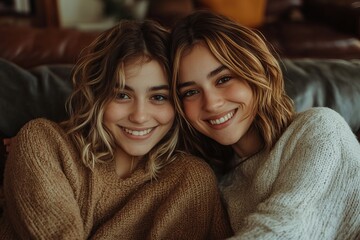 two young women with smiling face sitting together on couch.