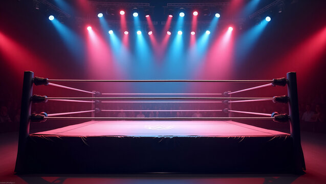 Flat Dynamic view of professional wrestling ring illuminated with vibrant lights concept as Dynamic view of professional wrestling ring illuminated with vibrant lights in  Simple flat cute vector illu