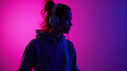 Stylish Teenage Model in Hoodie and Headphones Dancing to 90s DJ Music Under Purple Neon Lights