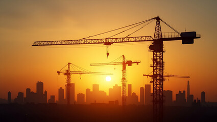 Construction Crane Silhouetted Against Sunset: 2026 Symbolizing Future Urban Development Projects - Photo Stock Concept with Empty Space for Customization