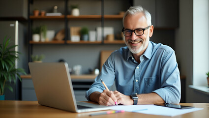 Fototapeta premium Happy smiling middle aged older mature man wearing glasses looking at laptop using computer writing notes watching webinar sitting at home table hybrid work elearning online learning concept. concept 