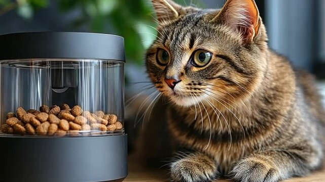 A Feline Feast: A charming tabby cat gazes longingly at a modern food container filled with tasty kibble, capturing a moment of anticipation and domesticity. 