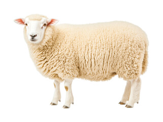Fototapeta premium Fluffy white sheep standing isolated against white background, cut out